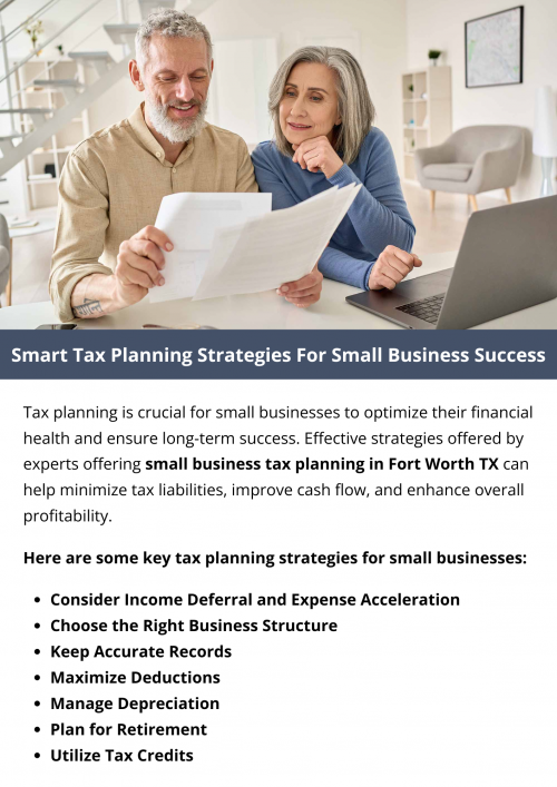 Smart tax planning for small businesses involves choosing the right legal structure, maximizing deductions like office expenses and equipment purchases, utilizing available tax credits, managing depreciation effectively, planning retirement contributions, and consulting with a tax professional for guidance. Staying informed about tax law changes and maintaining accurate records are also key to optimizing financial health and minimizing tax liabilities. To know more visit here https://www.alignedwealthadv.com/tax-planning-fort-worth-tx