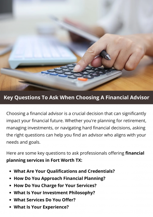 When choosing a financial advisor, ask about their qualifications, experience, and approach to investing. Inquire about fees, services offered, and how they tailor advice to your goals. Clarify their fiduciary status (obligation to act in your best interest) and how they communicate and update you on your investments. Lastly, seek references or reviews to gauge client satisfaction and trustworthiness. To know more visit here https://www.alignedwealthadv.com/financial-planning-fort-worth-tx