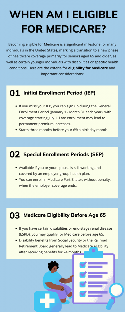 You are eligible for Medicare at age 65 based on U.S. citizenship or permanent residency. Enrollment typically begins three months before your 65th birthday and lasts for seven months. If you qualify through work history, Part A is usually premium-free. Ensure timely enrollment to avoid late penalties and gaps in coverage. To know more visit here https://www.capitalbluemedicare.com/wps/portal/capm/home/what-is-medicare/eligibility-enrollment
