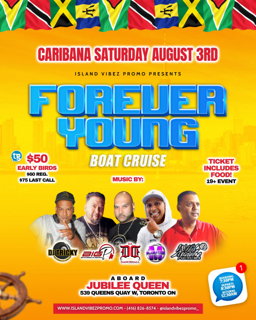 Islandvibez Entertainement is organizing Forever Young - Soca Chutney Caribana Cruise event by Islandvibez Entertainement on 2024–08–03 08:30 PM in Canada, we are selling the tickets for Forever Young - Soca Chutney Caribana Cruise. https://www.ticketgateway.com/event/view/foreveryoung2024
