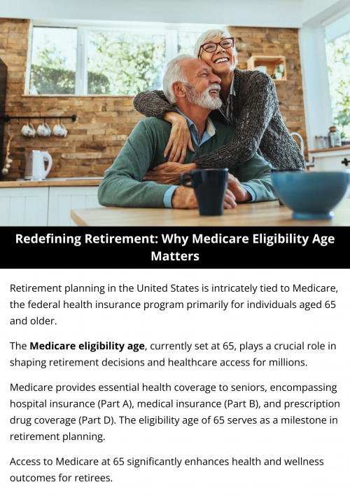 The Medicare eligibility age, currently 65, shapes retirement planning. Changes could affect when and how people access healthcare benefits, influencing retirement timing and financial strategies. Adjusting this age considers workforce dynamics, healthcare costs, and life expectancy, impacting retirement readiness and societal health care spending. To know more visit here https://www.capitalbluemedicare.com/wps/portal/capm/home/what-is-medicare/eligibility-enrollment