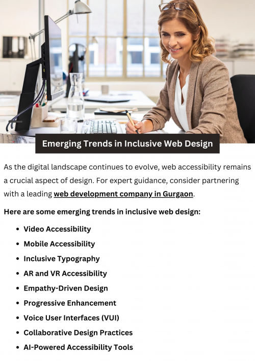 Web accessibility ensures that websites are usable by everyone, including those with disabilities. Inclusive design trends focus on making websites accessible to all users. This includes features like alternative text for images, keyboard navigation, and clear content structure. By incorporating these trends, websites become more user-friendly and reach a wider audience. To know more visit here https://singhimarketingsolutions.com/website-development-services/gurgaon/