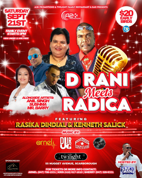 A2K Promotions & Twilight Restaurant And Bar is organizing D RANI MEETS RADICA event by A2K Promotions & Twilight Restaurant And Bar on 2024–09–21  10 PM in, Canada, we are selling the tickets for D RANI MEETS RADICA. https://www.ticketgateway.com/event/view/d-rani-meet-radica
