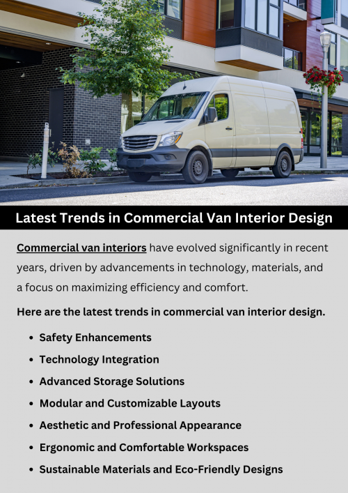 Modern commercial van interior design trends focus on flexibility with modular layouts, advanced storage solutions for efficient organization, integration of cutting-edge technology like connectivity features and safety enhancements, emphasis on comfort through ergonomic seating, and sustainable materials to reduce environmental impact. Customization options for branding and aesthetic appeal also play a significant role in enhancing functionality and corporate identity. To know more visit here https://commercialvansolutions.com/custom-fabrication-for-van-interiors/