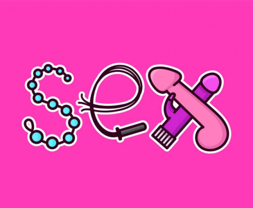 Sex symbol design. Sex inscription letters from intimate toys. Vector flat line modern style illustr