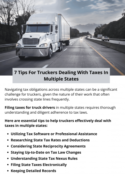 Navigating tax obligations across multiple states can be a significant challenge for truckers, given the nature of their work that often involves crossing state lines frequently. Managing taxes in multiple jurisdictions requires careful planning, attention to detail, and an understanding of each state’s tax laws. To know more visit here https://www.truckersprocpa.ca/trucking-tax-planning-preparation-services