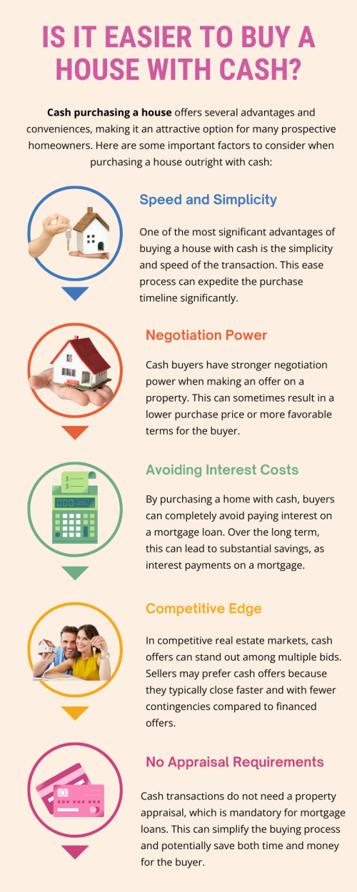 Buying a house with cash can streamline the process since it eliminates the need for mortgage approval, potentially speeding up the transaction. Cash buyers may have more negotiating power and can close deals faster, appealing to sellers looking for a quick sale. However, it depends on personal financial circumstances and market conditions. Some buyers prefer financing options to preserve liquidity or take advantage of low interest rates. To know more visit here https://www.904homebuyer.com/
