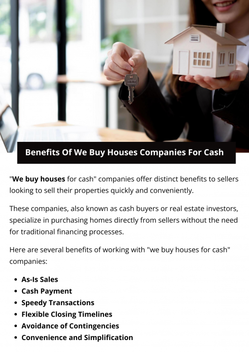We buy houses for cash companies offer quick sales, often within days, without repairs or agent fees. They provide flexibility in closing timelines and simplify the process, making it ideal for sellers needing to sell fast due to financial constraints, relocation, or property issues. To know more visit here https://www.904homebuyer.com/buy