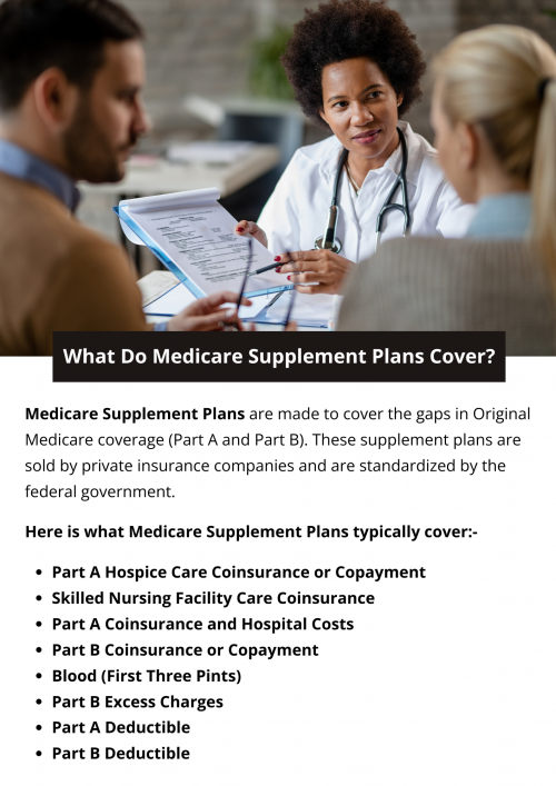 Medicare Supplement Plans help cover out-of-pocket costs such as copayments, coinsurance, and deductibles under Original Medicare (Part A and Part B). Coverage can vary by plan type (A through N) but generally includes benefits like extended hospital stays, skilled nursing facility care, and some international travel emergency care. They do not cover prescription drugs (Part D), so a standalone plan may be needed. To know more visit here https://www.capbluecross.com/wps/portal/cap/home/shop/medicare-supplement