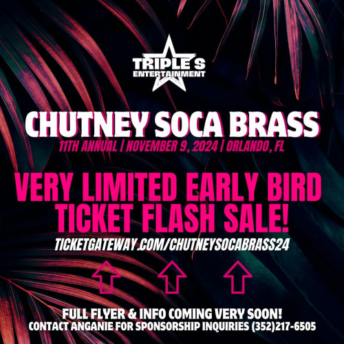 Triple 'S' Entertainment is organizing Chutney Soca Brass '24 event by Triple 'S' Entertainmenton 2024–11–09  2 PM in United States, we are selling the tickets for Chutney Soca Brass '24. https://www.ticketgateway.com/event/view/chutneysocabrass24