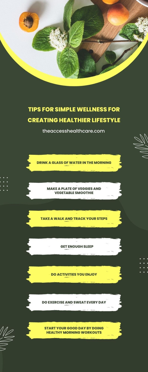 Creating a healthier lifestyle involves simple wellness tips that can have a positive impact on physical, mental, and emotional well-being. Some tips include eating a balanced diet, getting regular exercise, staying hydrated, getting enough sleep, and managing stress. Additionally, taking breaks from technology, practicing mindfulness, and connecting with loved ones can also contribute to overall wellness. Making small changes, such as taking the stairs instead of the elevator or incorporating a daily walk into your routine, can make a big difference over time. Prioritizing self-care and wellness can lead to a happier, healthier, and more fulfilling life.