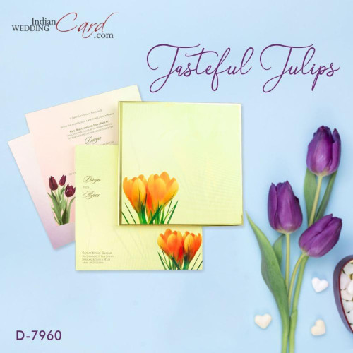 Surround yourself in the tranquility of Tulips and find amazing floral theme cards at Indian Wedding Card. Tulip Theme Wedding Invitation Cards are truly glamorous in design, style and display which is why these invites are the hot favourites of the modern day lovers who draw their inspiration from their eternal beauty and liveliness. Shop now to get free worldwide shipping on samples. @ https://www.indianweddingcard.com/Tulip-Theme-Cards.html