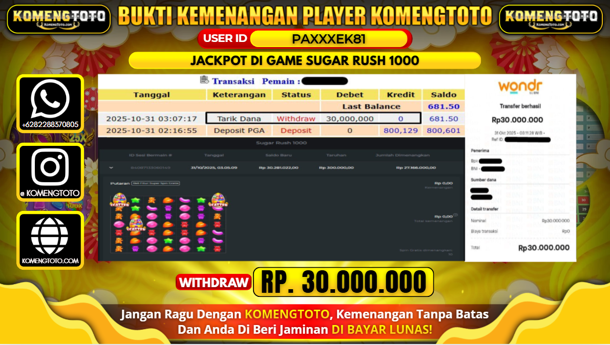 LAGI & LAGI!! KEMENANGAN BESAR DI SLOT SUGAR RUSH 1000 SEBESAR Rp.30.000.000 KOMENGTOTO BAYAR LUNAS SECEPAT KILAT !! KOMENGTOTO BAYAR SECEPAT KILAT !!