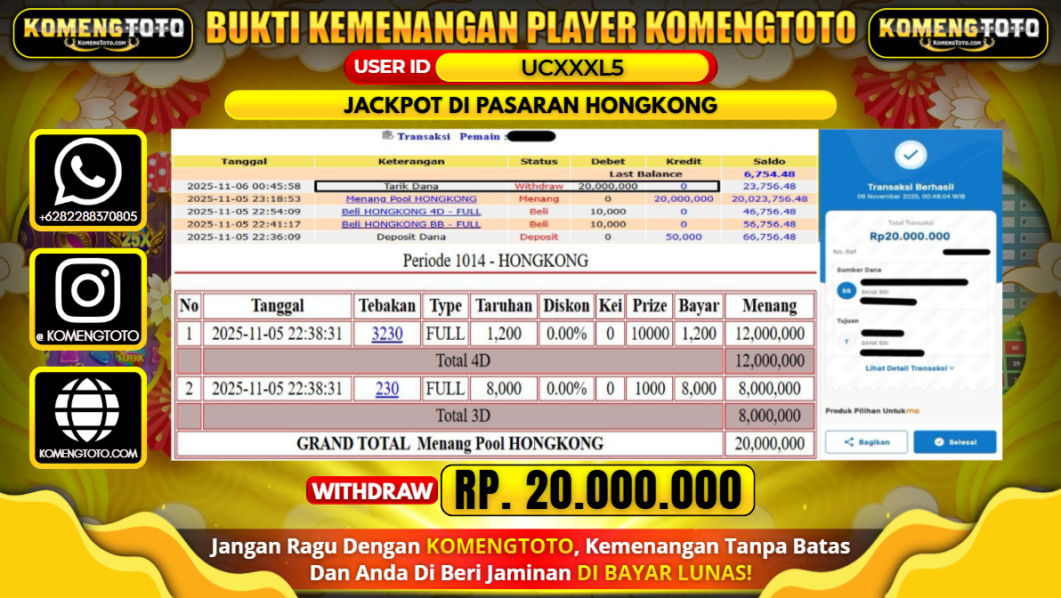 LAGI & LAGI!! KEMENANGAN BESAR DI PASARAN HONGKONG SEBESAR Rp.20.000.000 KOMENGTOTO BAYAR LUNAS SECEPAT KILAT !! KOMENGTOTO BAYAR SECEPAT KILAT !!