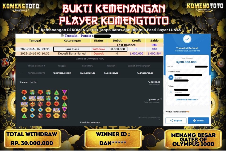 LAGI & LAGI!! KEMENANGAN BESAR DI SLOT GATES OF OLYMPUS 1000 SEBESAR Rp.30.000.000 KOMENGTOTO BAYAR LUNAS SECEPAT KILAT !! KOMENGTOTO BAYAR SECEPAT KILAT !!