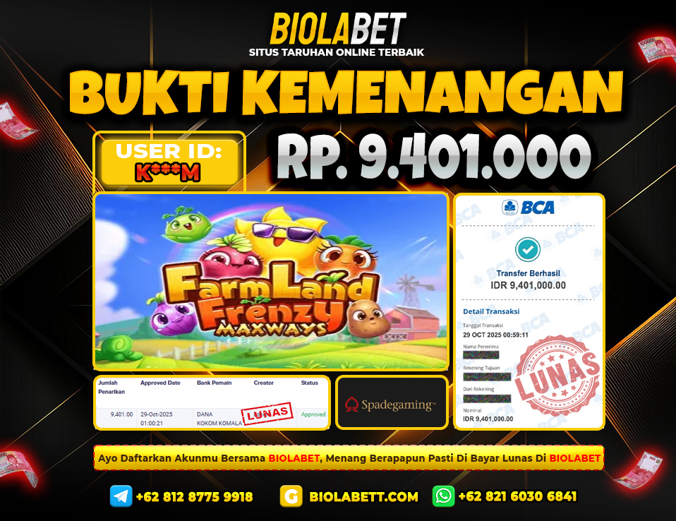 BIOLABET JACKPOT Spade Gaming Rp.9.401.000.,- LUNAS
