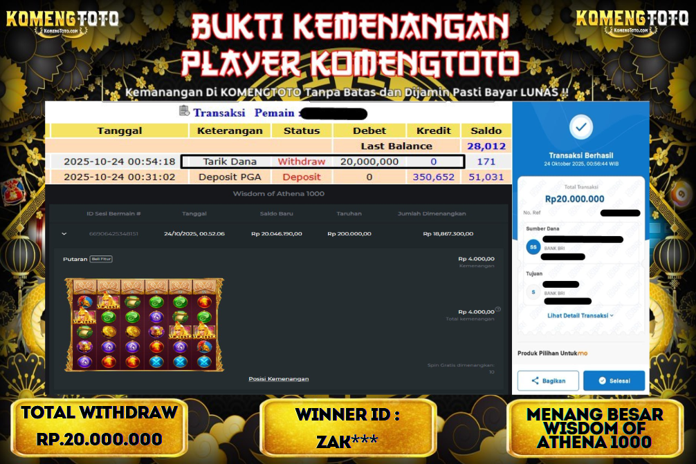 LAGI & LAGI!! KEMENANGAN BESAR DI SLOT WISDOM OF ATHENA 1000 SEBESAR Rp.20.000.000 KOMENGTOTO BAYAR LUNAS SECEPAT KILAT !! KOMENGTOTO BAYAR SECEPAT KILAT !!