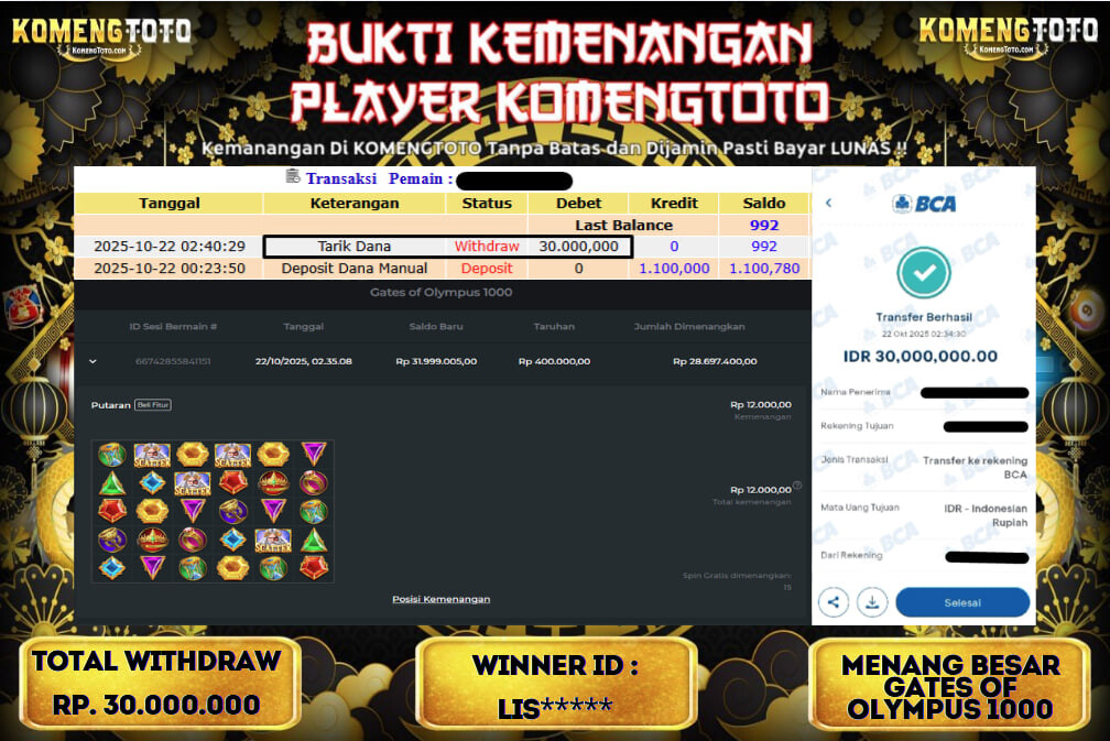 LAGI & LAGI!! KEMENANGAN BESAR DI SLOT GATES OF OLYMPUS 1000 SEBESAR Rp.30.000.000 KOMENGTOTO BAYAR LUNAS SECEPAT KILAT !! KOMENGTOTO BAYAR SECEPAT KILAT !!