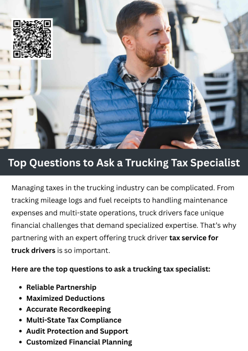 Before hiring a trucking tax professional, it’s important to ask the right questions about experience, deductions, and compliance. Understanding how they handle industry-specific expenses helps ensure accuracy and savings. Consider partnering with an expert offering tax services for truck drivers to gain tailored guidance that keeps your finances organized, compliant, and optimized for long-term success. To know more visit here https://www.truckersprocpa.ca/trucking-tax-planning-preparation-services