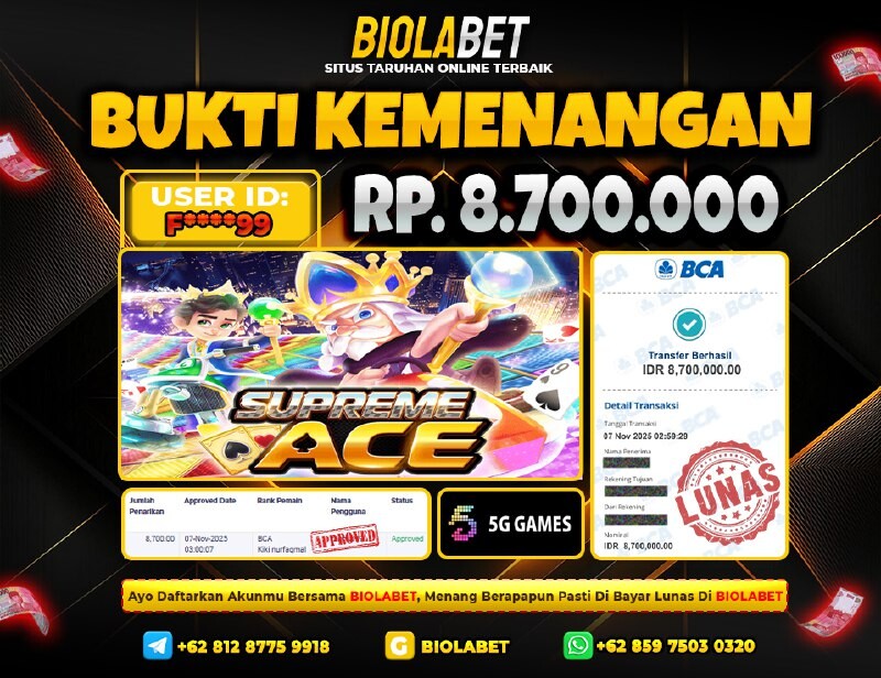 BIOLABET JACKPOT  5G Games Rp.8.700.000.,- LUNAS