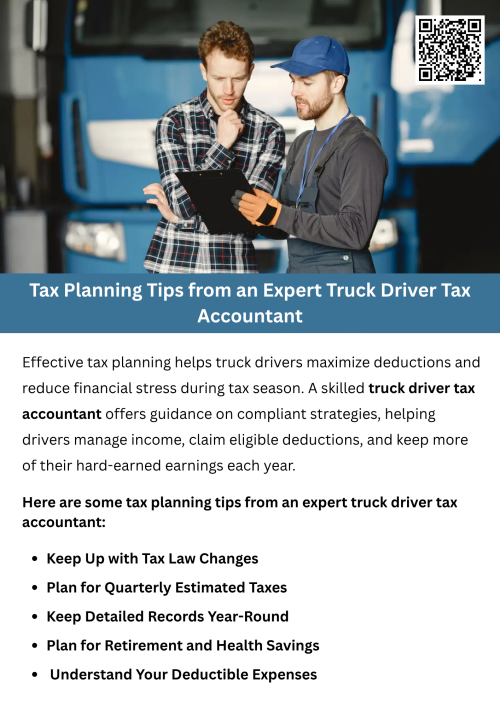 An expert truck driver tax accountant shares essential tax planning tips to help drivers manage expenses, maximize deductions, and stay compliant year-round. From tracking mileage and fuel costs to claiming per diem allowances, smart planning ensures fewer surprises at tax time. Staying organized and consulting a professional can help truck drivers keep more of their hard-earned income. To know more visit here https://www.truckersprocpa.ca/trucking-accounting-services