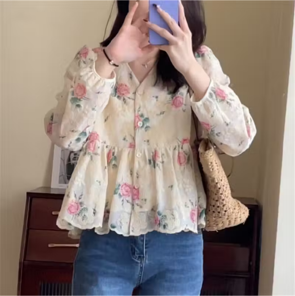 Kiwi Mawar Blouse Korea Bunga Panjang | Pakaian Wanita