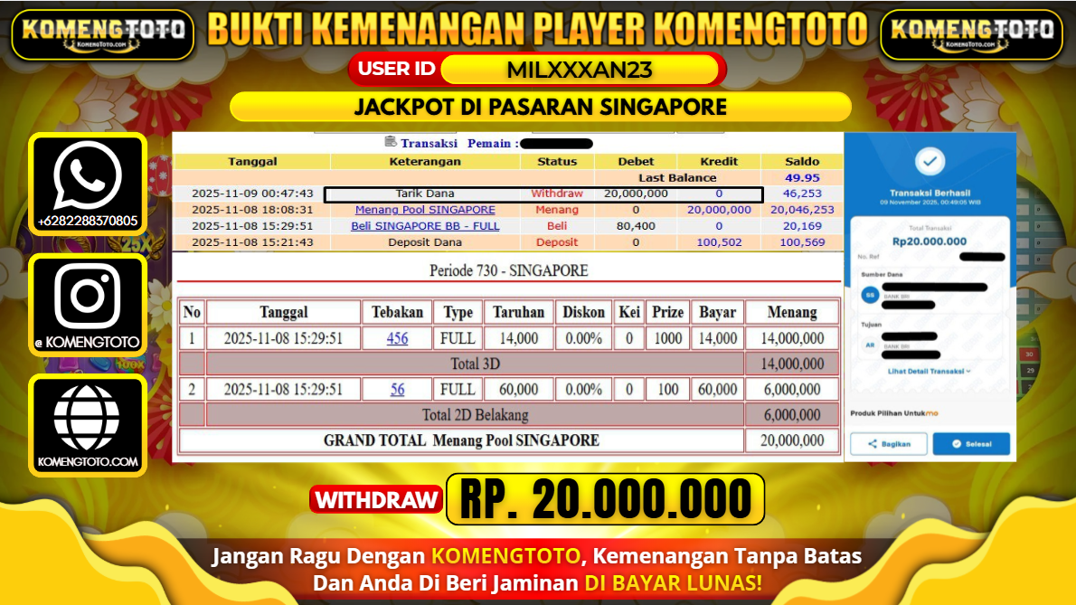 LAGI & LAGI!! KEMENANGAN BESAR DI PASARAN SINGAPORE SEBESAR Rp.20.000.000 KOMENGTOTO BAYAR LUNAS SECEPAT KILAT !! KOMENGTOTO BAYAR SECEPAT KILAT !!