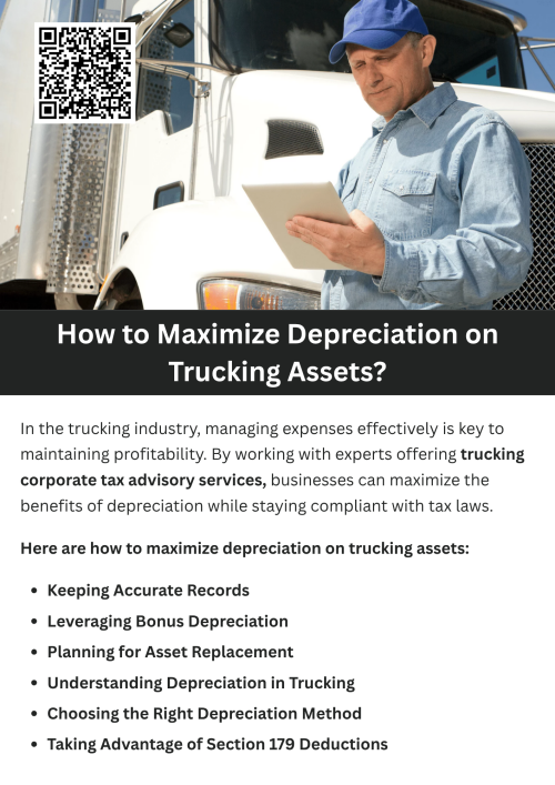Maximizing depreciation on trucking assets helps companies reduce taxable income and improve cash flow. Strategic planning ensures vehicles and equipment are depreciated efficiently while remaining compliant with IRS regulations. Partnering with experts offering trucking corporate tax advisory services provides expert guidance, optimized asset management, and tailored strategies to enhance tax savings and support long-term financial growth for trucking businesses. To know more visit here https://www.truckersprocpa.ca/trucking-business-advisory-services