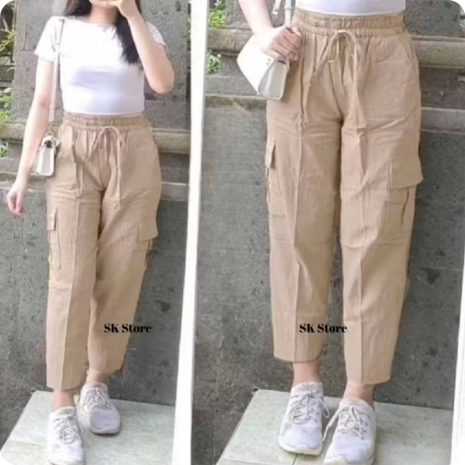 Celana Kulot Cargo Wanita Linen Crinkle | Pakaian Wanita