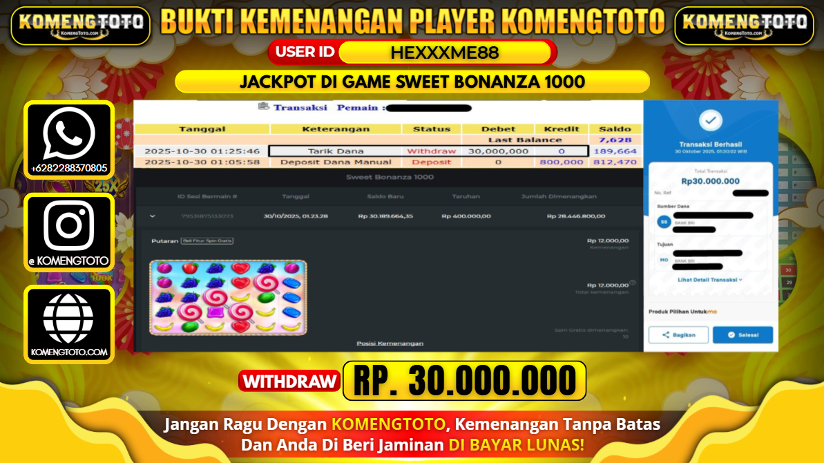 LAGI & LAGI!! KEMENANGAN BESAR DI SLOT  SWEET BONANZA 1000  SEBESAR Rp.30.000.000 KOMENGTOTO BAYAR LUNAS SECEPAT KILAT !! KOMENGTOTO BAYAR SECEPAT KILAT !!