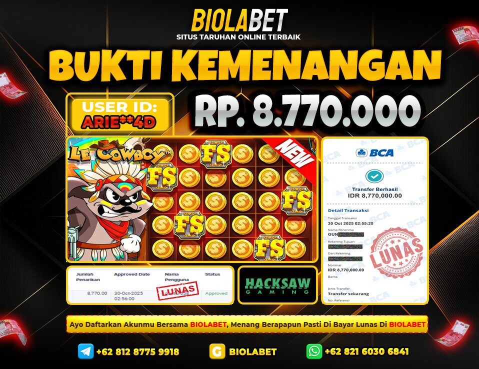BIOLABET JACKPOT Hacksaw Rp.8.770.000.,- LUNAS
