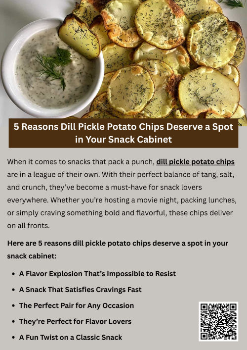 Crunchy, zesty, and full of flavor, dill pickle potato chips add an exciting twist to your snack routine. Their tangy taste and crisp texture make them perfect for any occasion—whether it’s a party, picnic, or movie night. With their irresistible balance of salt and spice, these chips easily earn a permanent spot in your snack cabinet. To know more visit here- https://cravnflavor.com/cravn-flavor-dill-pickle-flavored-potato-chips-7-75-oz