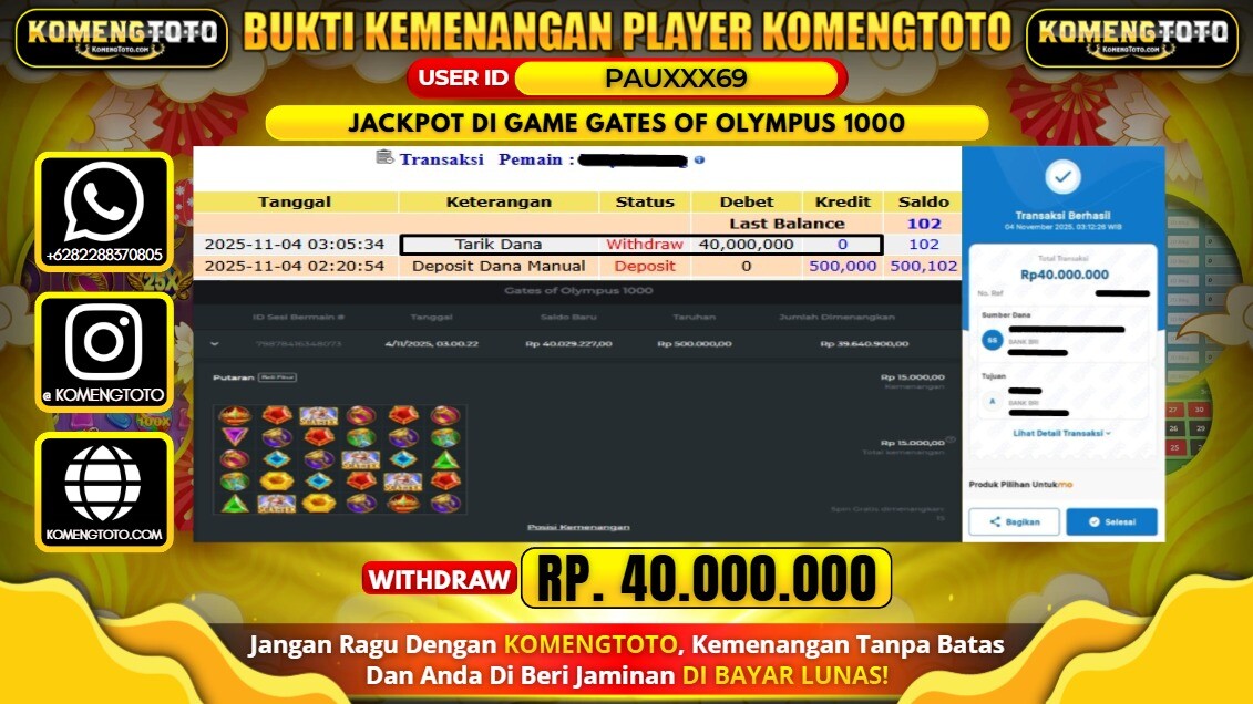 LAGI & LAGI!! KEMENANGAN BESAR DI SLOT GATES OF OLYMPUS 1000 SEBESAR Rp.40.000.000 KOMENGTOTO BAYAR LUNAS SECEPAT KILAT !! KOMENGTOTO BAYAR SECEPAT KILAT !!