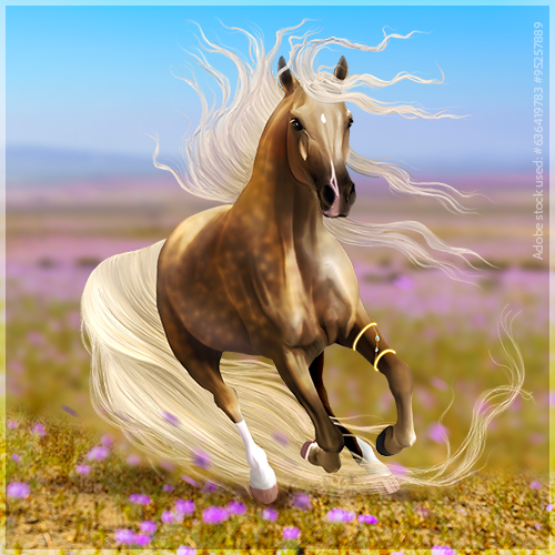 A palomino horse with a flowing mane and tail canters across a field with purple flowers. They are turning towards the viewer and wear a bracelet on their right front leg.