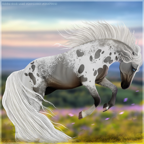 A silver black horse with a manchado pattern, which looks like a flurry of white snowflakes on its coat, rears on a grassy field.