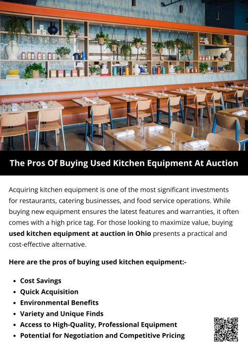 Buying used kitchen equipment at auction in Ohio combines affordability, quality, and variety. Restaurants can acquire professional-grade items quickly at a fraction of new costs. Beyond saving money, used equipment supports sustainability, allows customization, and speeds operational readiness. For businesses seeking cost-effective, strategic solutions, kitchen equipment auctions are an invaluable resource. To know more visit here https://www.wyethauctions.com/industries/food-service-restaurant-equipment