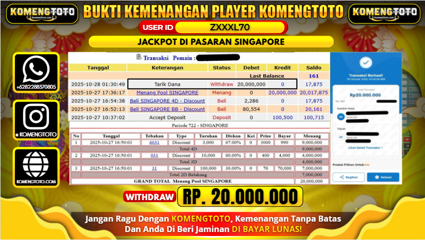 LAGI & LAGI!! KEMENANGAN BESAR DI PASARAN SINGAPORE SEBESAR Rp.20.000.000 KOMENGTOTO BAYAR LUNAS SECEPAT KILAT !! KOMENGTOTO BAYAR SECEPAT KILAT !!