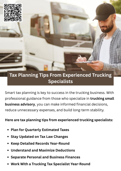 Experienced trucking specialists offer valuable trucking small business advisory tips to help drivers plan taxes efficiently. They recommend tracking expenses, claiming eligible deductions, and organizing financial records year-round. Proper tax planning ensures compliance, reduces stress during filing season, and helps trucking professionals save money while maintaining steady cash flow for their growing transportation businesses. To know more visit here https://www.truckersprocpa.ca/trucking-business-advisory-services