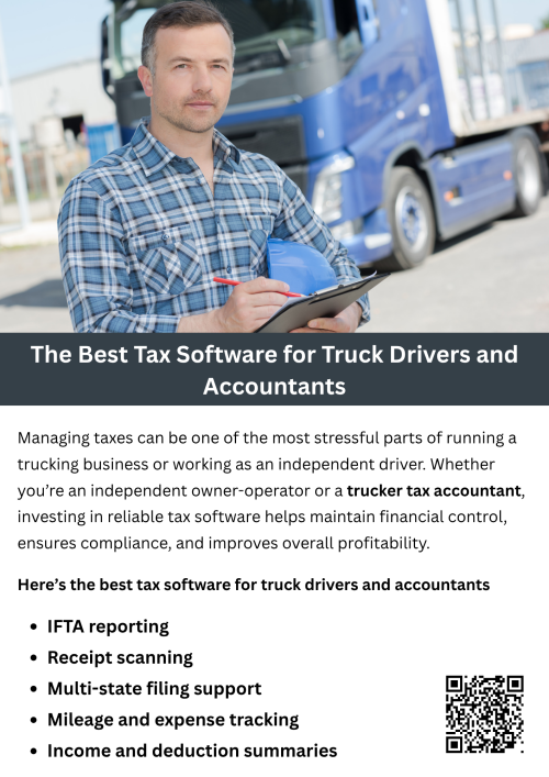 The right software gives a trucker tax accountant powerful tools to streamline filings for drivers. Look for apps that track mileage, manage multi-state income, flag industry-specific deductions, and integrate with accounting workflows. The best platforms automate logs, organize receipts, adapt to trucking business models, and support compliance — making tax season faster and more accurate for road-bound professionals. To know more visit here https://www.truckersprocpa.ca/trucking-accounting-services