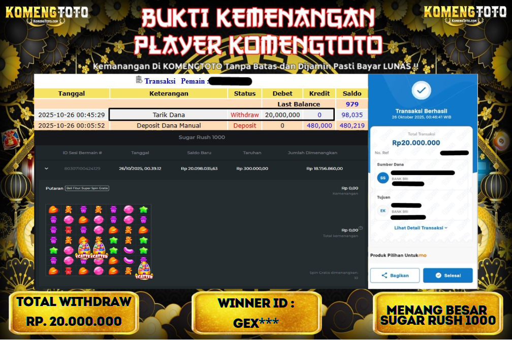 LAGI & LAGI!! KEMENANGAN BESAR DI SLOT SUGAR RUSH 1000  SEBESAR Rp.20.000.000 KOMENGTOTO BAYAR LUNAS SECEPAT KILAT !! KOMENGTOTO BAYAR SECEPAT KILAT !!