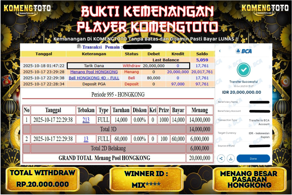 LAGI & LAGI!! KEMENANGAN BESAR DI PASARAN HONGKONG SEBESAR Rp.20.000.000 KOMENGTOTO BAYAR LUNAS SECEPAT KILAT !! KOMENGTOTO BAYAR SECEPAT KILAT !!