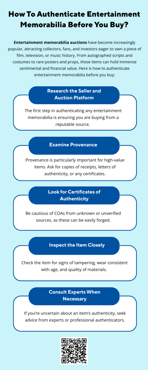 Before bidding at entertainment memorabilia auctions, it’s crucial to verify authenticity. Check for certificates of authenticity (COAs), reputable appraisers, and provenance documents. Research the auction house’s credibility and past sales. Comparing signatures or production marks with verified examples can prevent costly mistakes and ensure you’re investing in genuine, high-value entertainment collectibles. To know more visit here https://www.wyethauctions.com/industries/entertainment-and-sports-memorabilia
