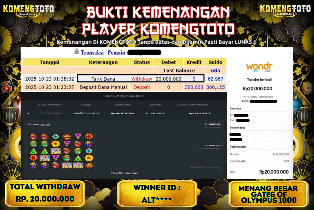 LAGI & LAGI!! KEMENANGAN BESAR DI SLOT GATES OF OLYMPYUS 1000  SEBESAR Rp.20.000.000 KOMENGTOTO BAYAR LUNAS SECEPAT KILAT !! KOMENGTOTO BAYAR SECEPAT KILAT !!