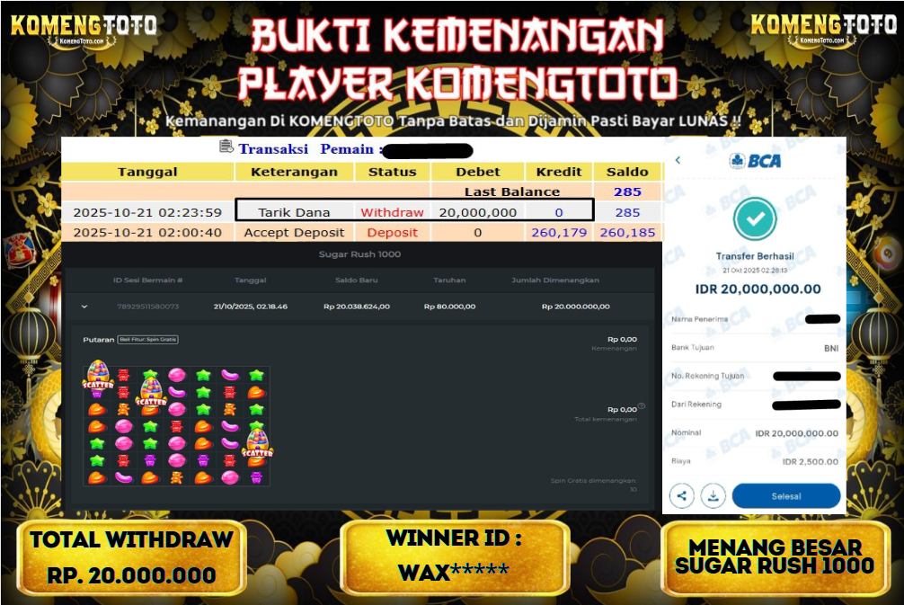 LAGI & LAGI!! KEMENANGAN BESAR DI SLOT SUGAR RUSH 1000 SEBESAR Rp.20.000.000 KOMENGTOTO BAYAR LUNAS SECEPAT KILAT !! KOMENGTOTO BAYAR SECEPAT KILAT !!