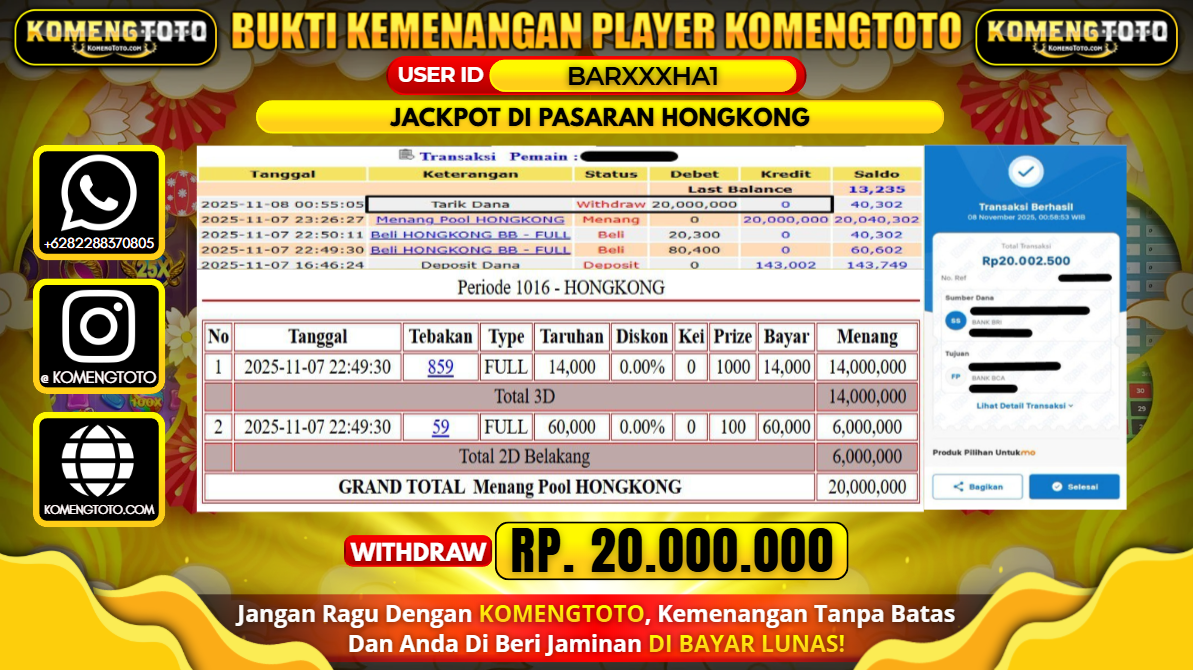 LAGI & LAGI!! KEMENANGAN BESAR DI PASARAN HONGKONG SEBESAR Rp.20.000.000 KOMENGTOTO BAYAR LUNAS SECEPAT KILAT !! KOMENGTOTO BAYAR SECEPAT KILAT !!