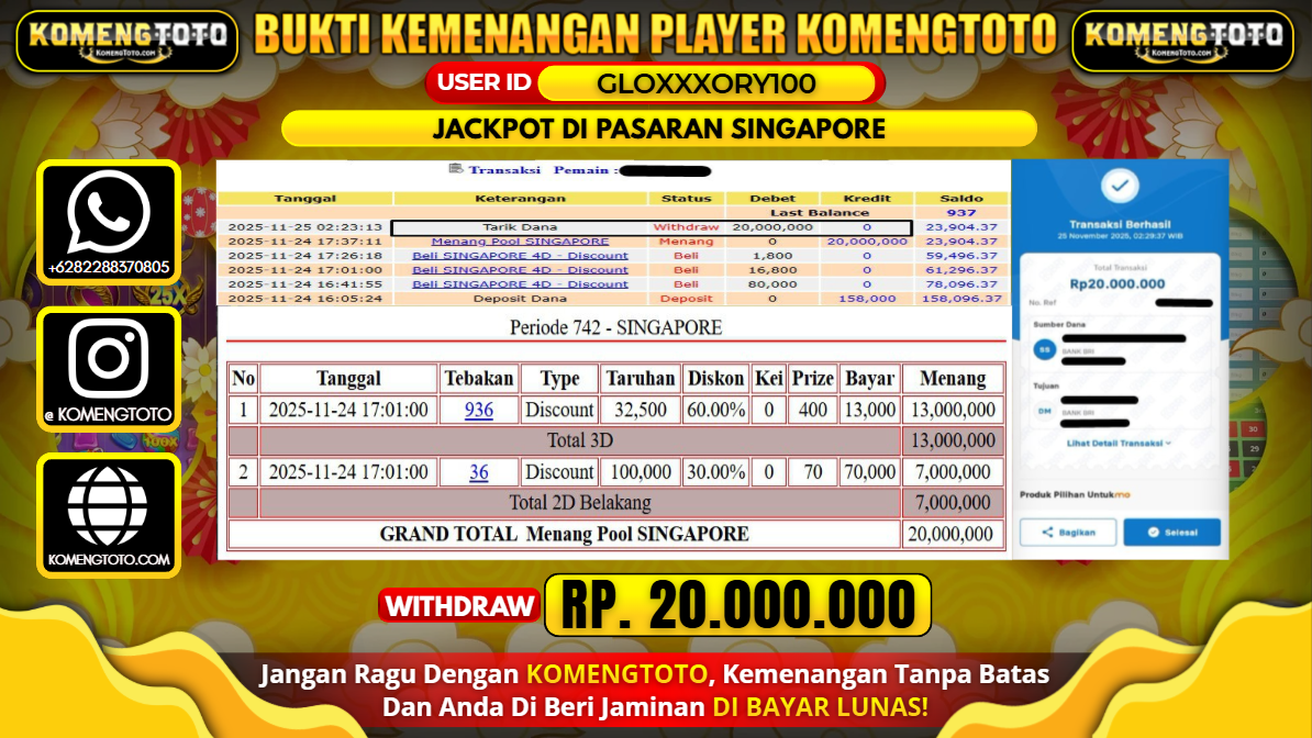 LAGI & LAGI!! KEMENANGAN BESAR DI PASARAN SINGAPORE SEBESAR Rp.20.000.000 KOMENGTOTO BAYAR LUNAS SECEPAT KILAT !! KOMENGTOTO BAYAR SECEPAT KILAT !!