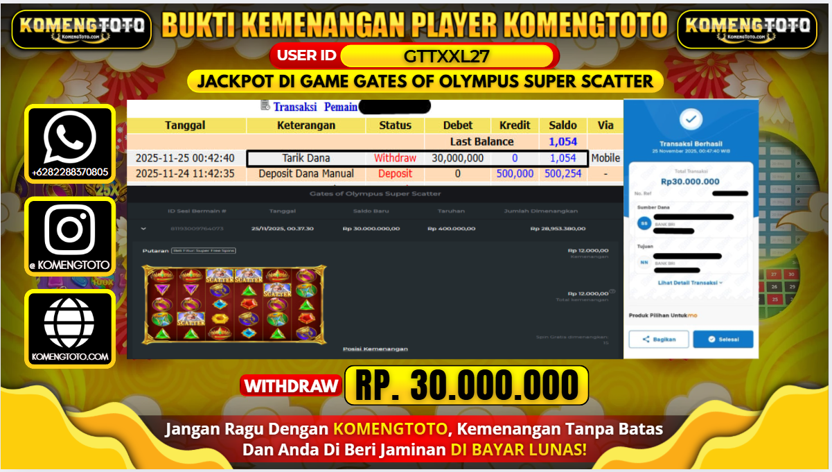 LAGI & LAGI!! KEMENANGAN BESAR DI SLOT GATES OF OLYMPUS SUPER SCATTER SEBESAR Rp.30.000.000 KOMENGTOTO BAYAR LUNAS SECEPAT KILAT !! KOMENGTOTO BAYAR SECEPAT KILAT !!