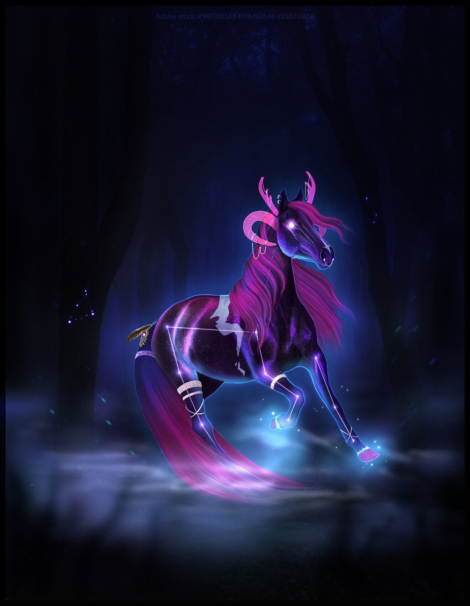 A purple and pink horse, with a glowing starry coat, prances through a blue forest at night.
