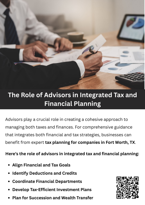 Advisors play a crucial role in integrated tax and financial planning by aligning business goals with effective strategies. They help optimize tax efficiency, manage risks, and enhance overall financial health. Through expert guidance in tax planning for companies in Fort Worth, TX, businesses can ensure compliance, maximize savings, and make informed financial decisions for long-term success. To know more visit here https://www.alignedwealthadv.com/tax-planning-fort-worth-tx.