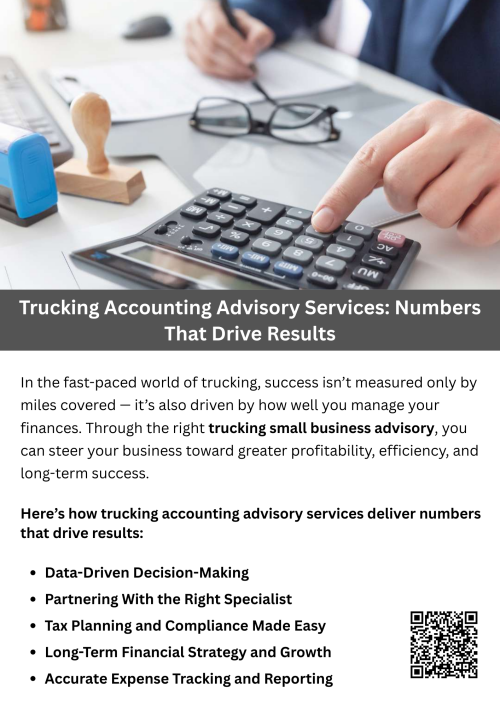 Trucking accounting advisory services help transportation companies manage finances, control expenses, and boost profitability. Experts provide insights into budgeting, cash flow, and tax planning tailored to industry needs. With trucking small business advisory, owners gain data-driven guidance to make informed decisions, improve efficiency, and ensure their operations stay financially strong and compliant year-round. To know more visit here https://www.truckersprocpa.ca/trucking-business-advisory-services.
